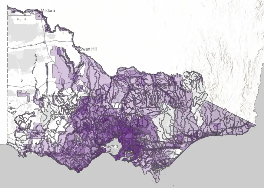 Coverage map showing where Vicmap aerial imagery is available across Victoria